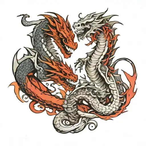 two ryu dragons one skeleton with blood other normal with white  tattoo design idea
