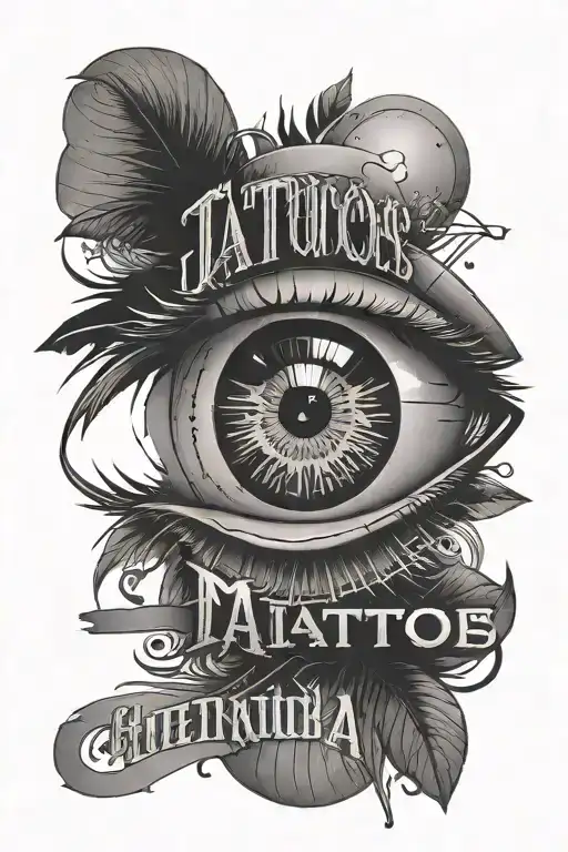 realistic eye above text with light beams surrounding  tattoo design idea