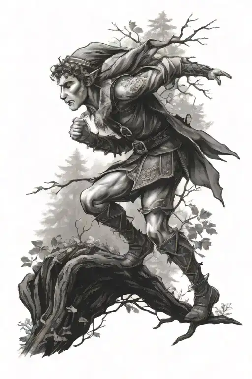 elf in the forested background with der running in the forest tattoo design idea