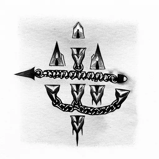 chain of spikes and knives dark lettering in the entire forearm tattoo design idea