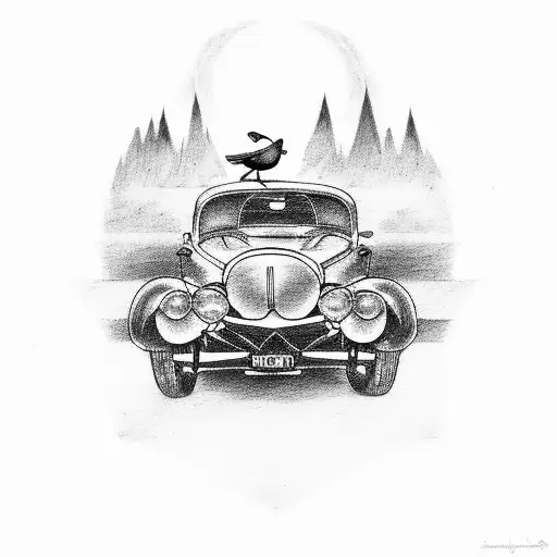 old car with bird sitting on it and hotel in back tattoo design idea