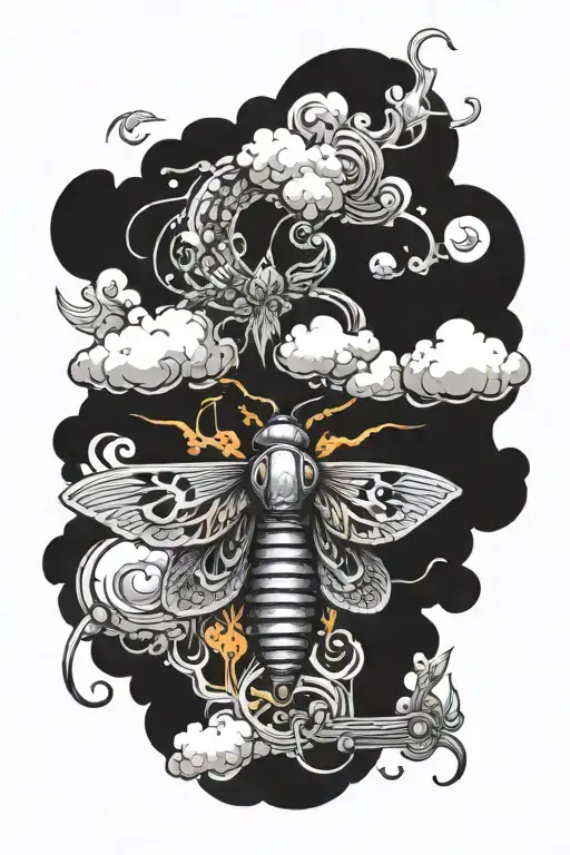 A biomechanical moth emerging from a colorful storm cloud, representing the fusion of biology and fantasy tattoo design idea