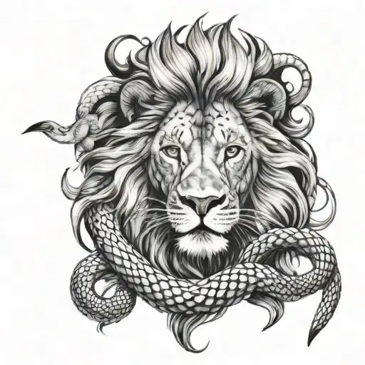 lion and snake wrapping tattoo design idea