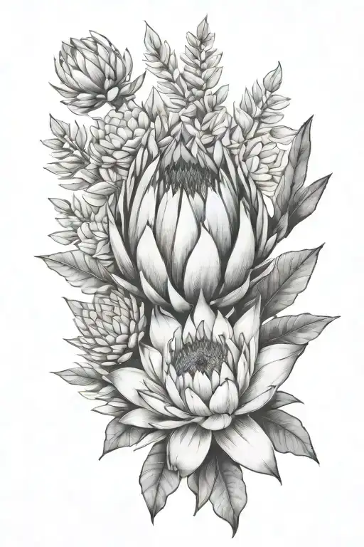 protea next to succulent black and grey tattoo fineline tattoo design idea