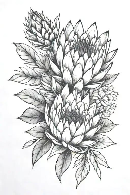 protea next to succulent black and grey fineline tattoo  tattoo design idea