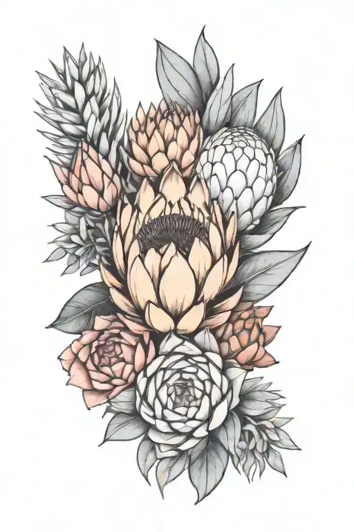 protea next to succulent black and grey tattoo fineline tattoo design idea