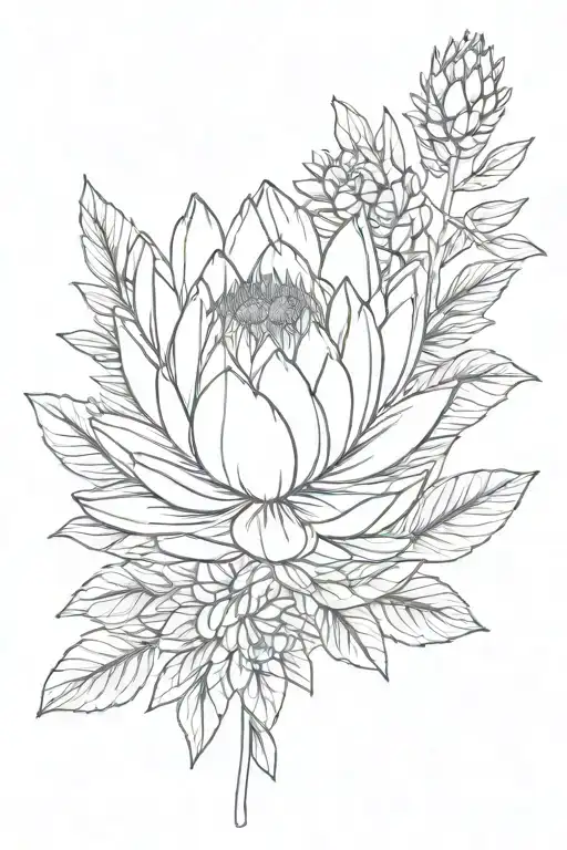 proteas flower next to succulent and leaves tattoo design idea