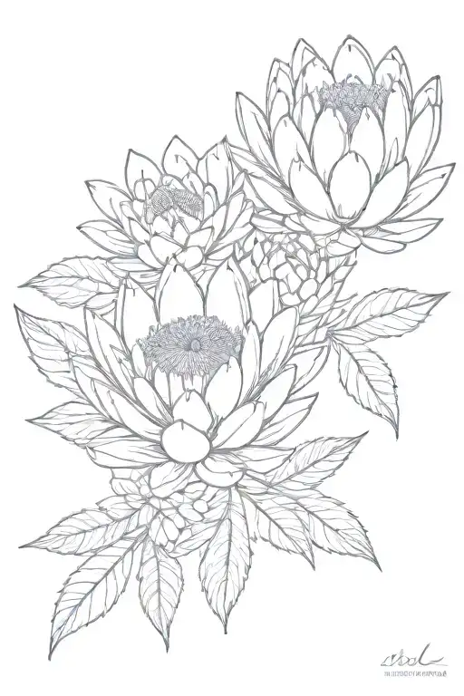 proteas flower next to succulent and leaves tattoo design idea