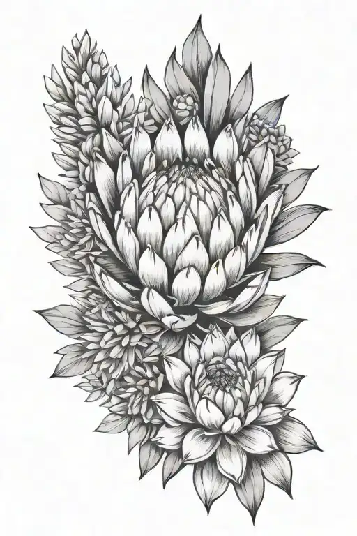 protea next to succulent black and grey fineline tattoo  tattoo design idea