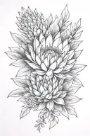 protea next to succulent black and grey fineline tattoo  tattoo design idea
