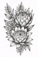 protea next to succulent black and grey tattoo fineline tattoo design idea
