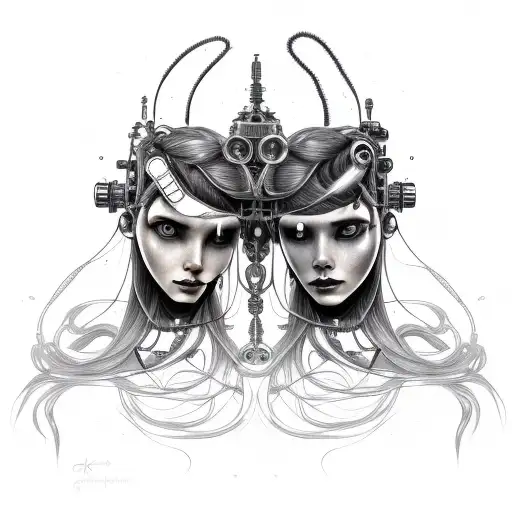 cyborg gemini sisters hair tangled together conjoined calm faces slight smile tattoo design idea