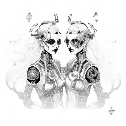 goth cyborg gemini sisters holding hands, with hair connecting together tattoo design idea