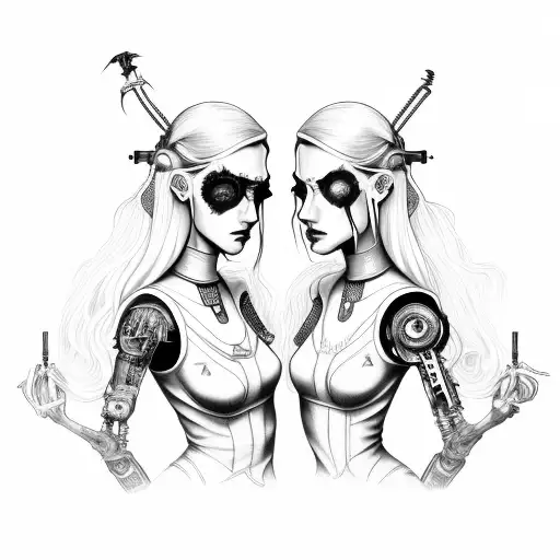 goth cyborg gemini sisters holding hands, with hair connecting together tattoo design idea