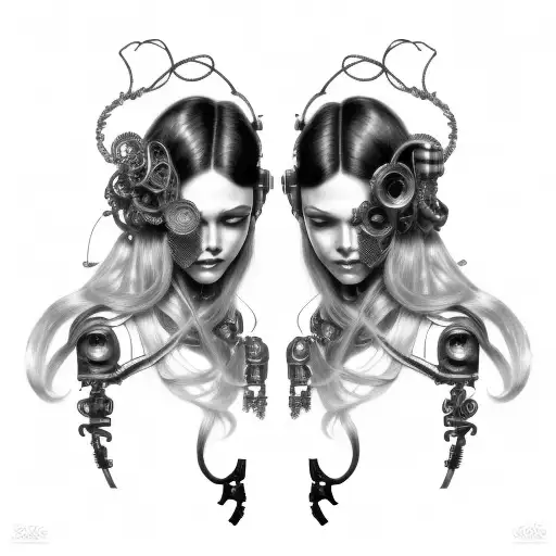 cyborg gemini sisters hair tangled together conjoined mischievous smile wide composition tattoo design idea