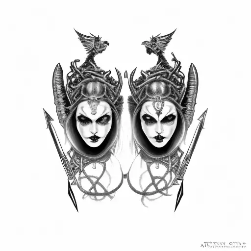 gothic cyborg gemini twin sisters conjoined into a valkyrie dagger at the bottom, wide collier tattoo design idea