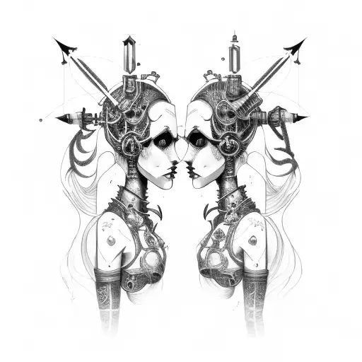 goth cyborg gemini sisters facing each other, hair conjoined tattoo design idea