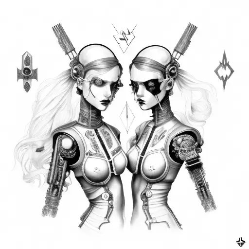 goth cyborg gemini sisters holding hands, with hair connecting together tattoo design idea