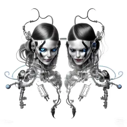 cyborg gemini sisters hair tangled together conjoined mischievous smile wide composition tattoo design idea