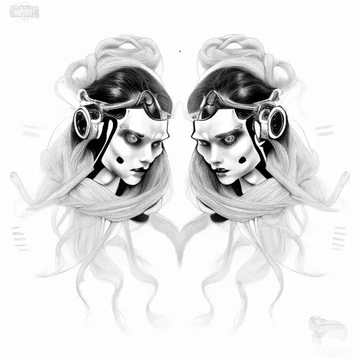 Cyborg Gemini Sisters hair tangled together wide tattoo design idea