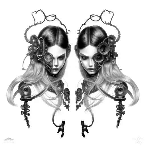 cyborg gemini sisters hair tangled together conjoined mischievous smile wide composition tattoo design idea