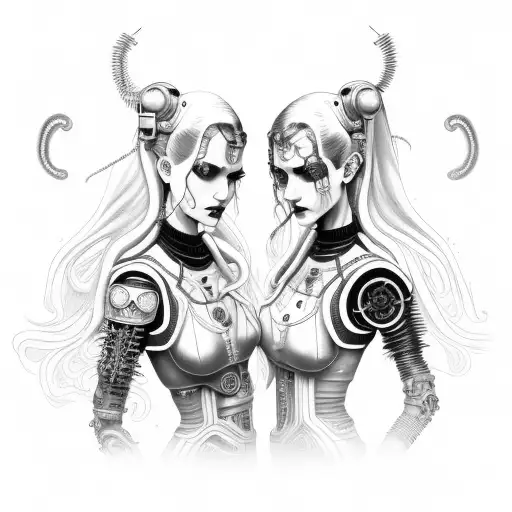 goth cyborg gemini sisters holding hands, with hair connecting together tattoo design idea