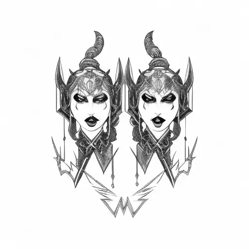 gothic gemini cyborg twin sisters wide collier neckpiece tattoo, with valkyrie dagger at the bottom tattoo design idea