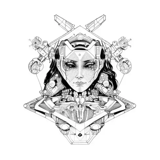 Cyborg Gemini Sisters Faces Conjoined Holding Hands tattoo design idea