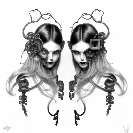 Goth Cyborg Gemini Sisters hair tangled together mischievous girly smile wide composition tattoo design idea