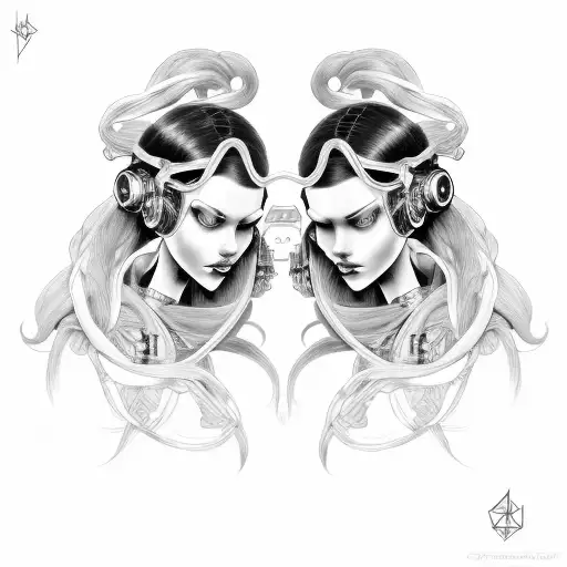 Cyborg Gemini Sisters hair tangled together wide tattoo design idea