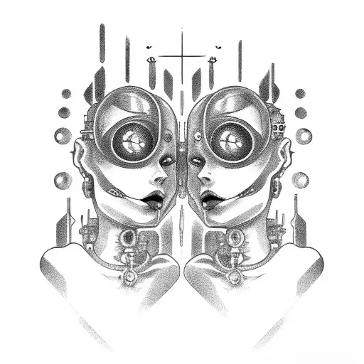 Cyborg Gemini Goth Sisters Faces Conjoined Holding Hands tattoo design idea