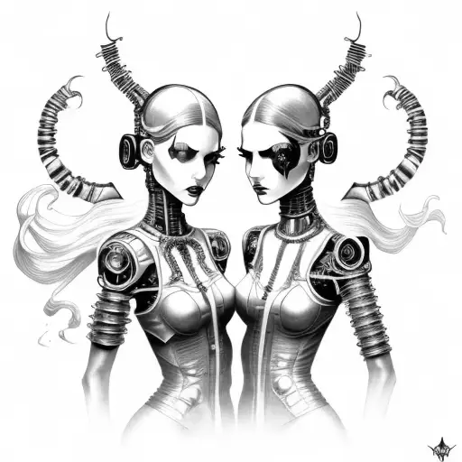 goth cyborg gemini sisters holding hands, with hair connecting together tattoo design idea