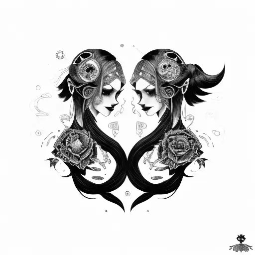 Goth Cyborg Gemini Sisters hair tangled together wide tattoo design idea