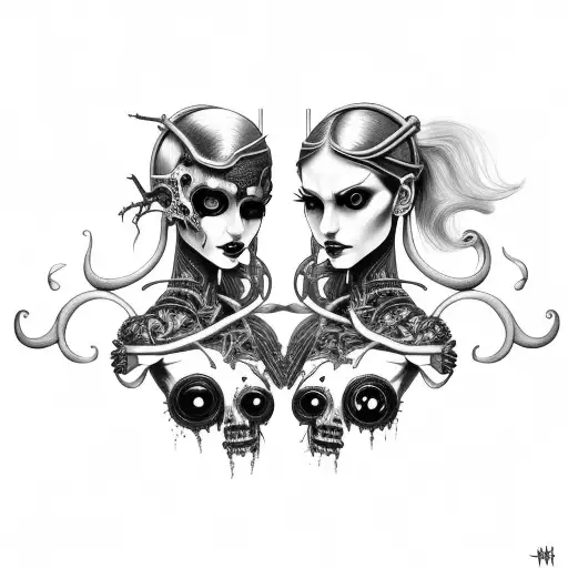 Goth Cyborg Gemini Sisters Conjoined Facing Each Other tattoo design idea
