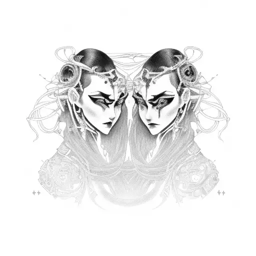 Goth Cyborg Gemini Sisters hair tangled together wide tattoo design idea