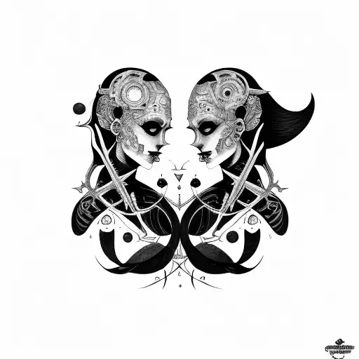 Goth Cyborg Gemini Sisters Conjoined Facing Each Other tattoo design idea