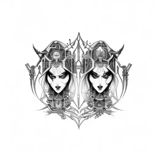 gothic gemini cyborg twin sisters wide collier neckpiece tattoo waivy hair tattoo design idea