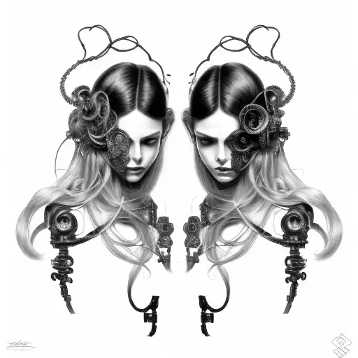 cyborg gemini sisters hair tangled together conjoined calm faces slight smile wide composition tattoo design idea