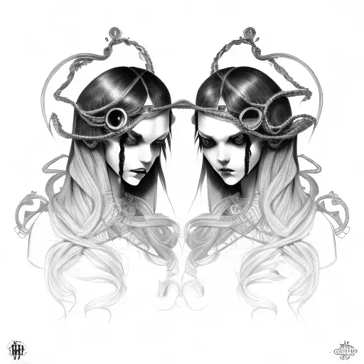 Goth Cyborg Gemini Sisters hair tangled together wide composition tattoo design idea
