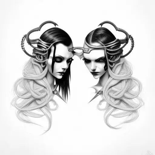 Goth Cyborg Gemini Sisters with hair tangled together, heads angled 45 degrees tattoo design idea