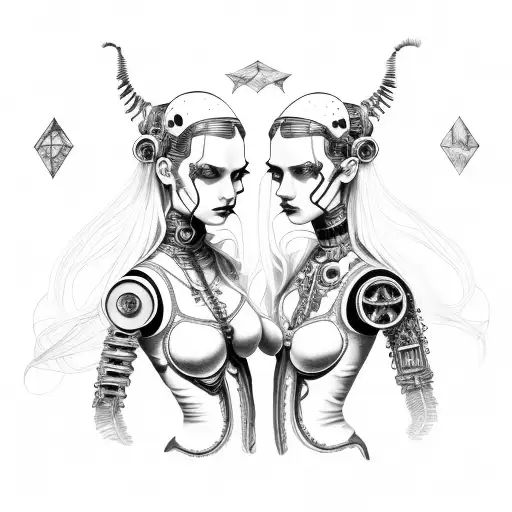 goth cyborg gemini sisters holding hands, with hair connecting together tattoo design idea