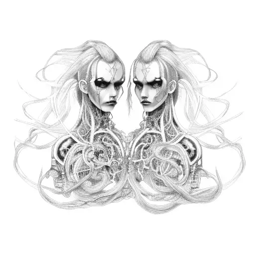 Goth Cyborg Gemini Sisters with hair tangled together, bodies angled 45 degrees outwards, bodies conjoined tattoo design idea