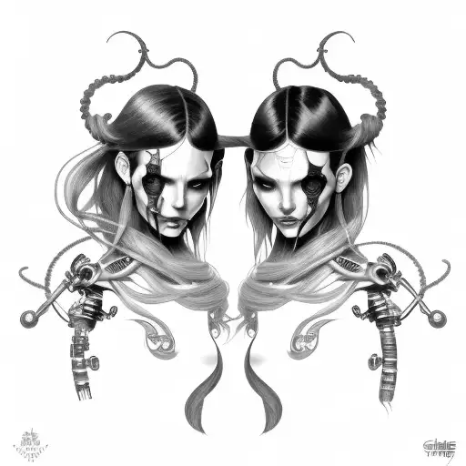 cyborg gemini sisters hair tangled together conjoined mischievous smile wide composition tattoo design idea