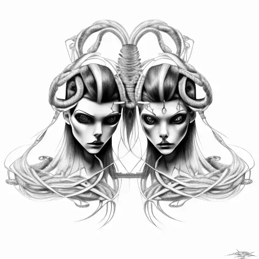goth cyborg gemini sisters hair tangled together conjoined tattoo design idea