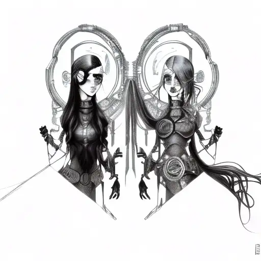 goth cyborg gemini sisters facing each other, with long waivy hair tattoo design idea