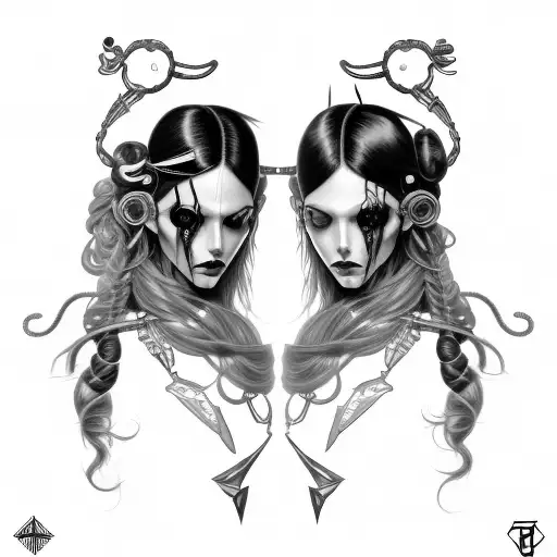 Goth Cyborg Gemini Sisters hair tangled together wide composition tattoo design idea