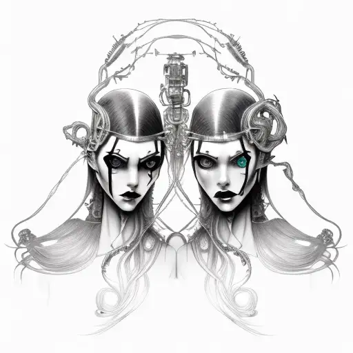 goth cyborg gemini sisters hair tangled together conjoined tattoo design idea