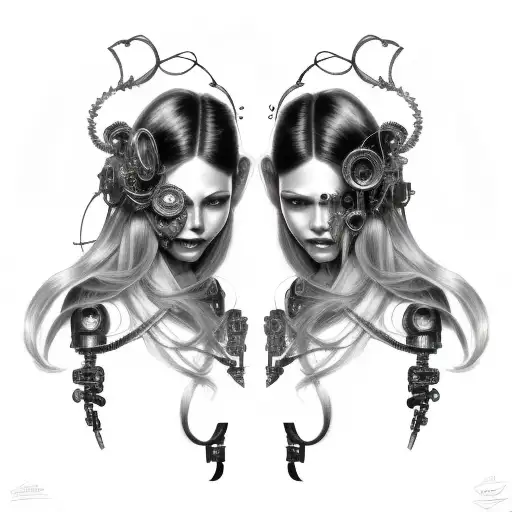 cyborg gemini sisters hair tangled together conjoined mischievous smile wide composition tattoo design idea