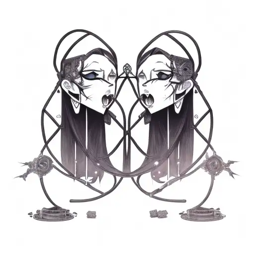 goth cyborg gemini sisters facing each other, long hair waves connecting tattoo design idea