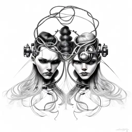 cyborg gemini sisters hair tangled together conjoined tattoo design idea